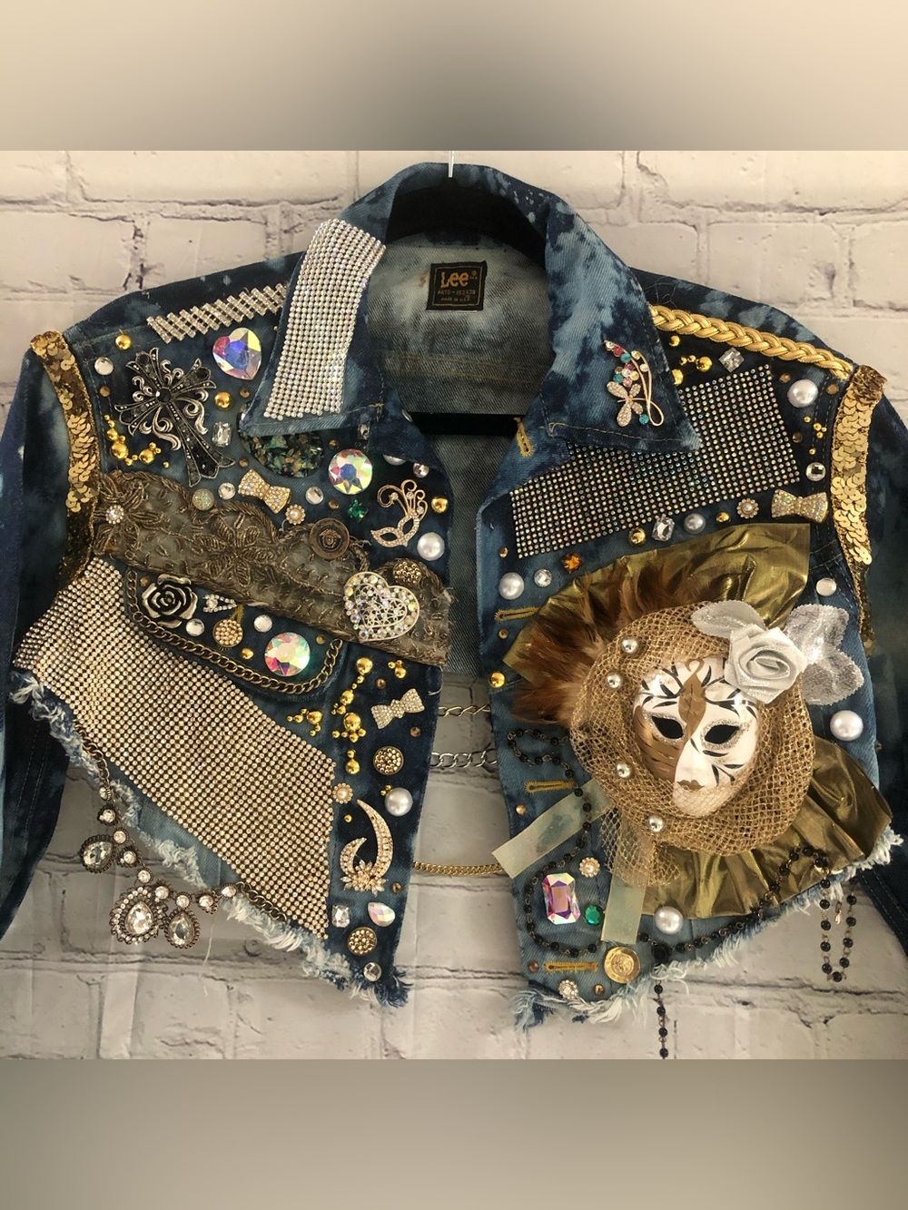 Lee Embellished Blue Jean Jacket with Decorative Mask